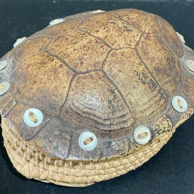 Turtle Shell & Raffia Lidded Basket, Vintage 