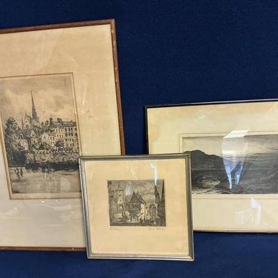 Vintage Intaglio Etchings: City Scapes And Bridge, 3 Pcs