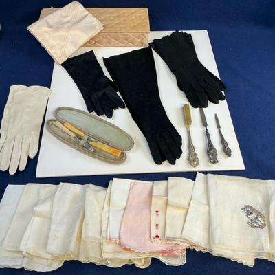 Vintage Ladies Boudoir Items, Gloves, Nail Files, Hankies And More