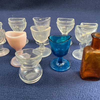 Vintage Glass Eye Wash Cups Circa 1930s & Owl Drug Amber Bottle, 11 Pcs Plus Extras