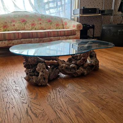 Gorgeous vintage burlwood kidney bean shaped glass top coffee table