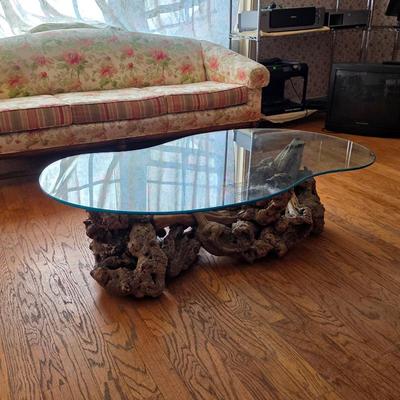 Gorgeous vintage burlwood kidney bean shaped glass top coffee table