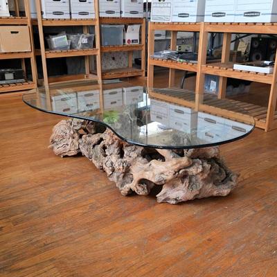Gorgeous vintage burlwood kidney bean shaped glass top coffee table