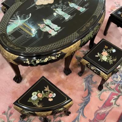 Oriental Lacquer Coffee Table Set with 6 Stools