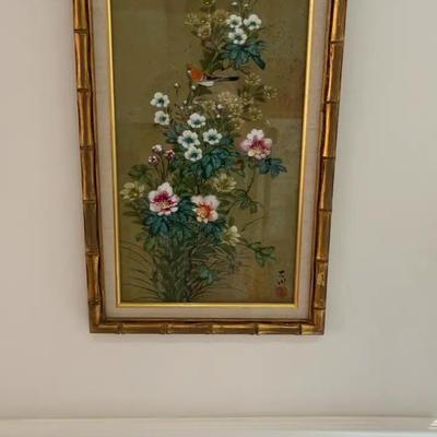 Vintage Japanese MOK Oriental Maiden Oil On Cork Signed Painting Gilded Bamboo Frame