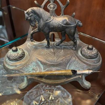 Antique Bronze Inkwell With Sculpture Of Horse