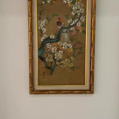Vintage Japanese MOK Oriental Maiden Oil On Cork Signed Painting Gilded Bamboo Frame