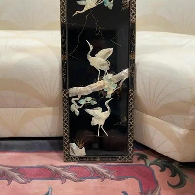 Mid Century Asian Wood, Lacquer, and Mother of Pearl Panels