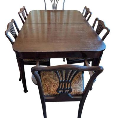 Antique Dining Table with Six Chippendale Style Chairs
