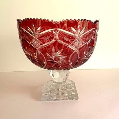 Sale Photo Thumbnail #12: Cranberry cut to clear centerpiece bowl, ht. 9.5 “, diam. 9.5”