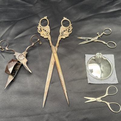 Antique & Vintage Scissors Lot | Ornate Shears, Wick Trimmer & Mirror | 5 Pieces
