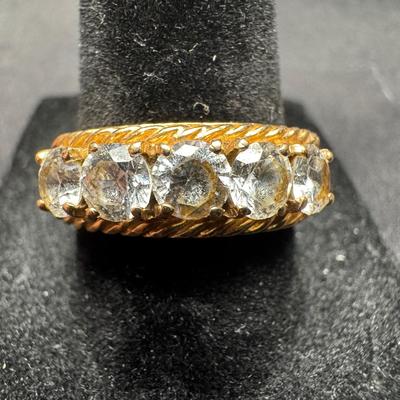 Yellow Gold-Tone Ring | Wide Band with Five Clear Stones | Size 8 | Total Weight 4.55g