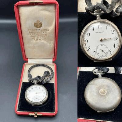 Union Horlogère Silver Pocket Watch | 0.800 Swiss Case | 1927 Engraving | Cravanzola Rome Box