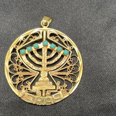 Yellow Gold 14k Reversible Menorah Pendant w/ Ruby Like Stones & Green Stones | Total Weight 7.62