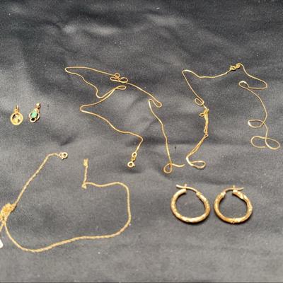 10K Yellow Gold Jewelry  | 3 Chains, Hoop Earrings & 2 Charms w/ Gemstone | Total Lot Weight 4g