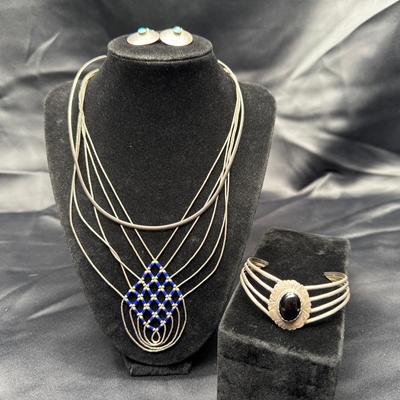 Sterling Silver Jewelry Set | Cuff Bracelet, Necklaces & Turquoise Earring | 45g Total Weight