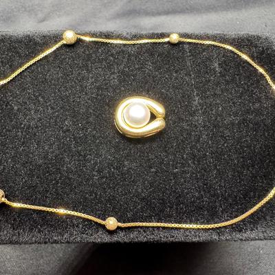 Yellow Gold 14K Jewelry | Horseshoe Pearl Pendant & Beaded Chain Bracelet | Total Weight 4.32g
