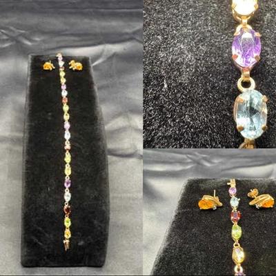 Yellow Gold 10k Bracelet With Stones And A Pair Of Earrings | 6.55g Total Weight