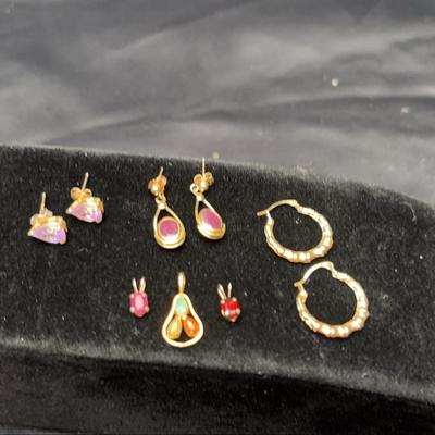 Yellow Gold 14k Earrings & Pendants w/ Ruby Like Stones & Gems | Total Weight 5.72g