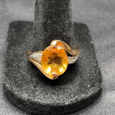Yellow Gold 14k Ring w/ Amber Stone & Diamond Like Accents | Total Weight 4.82