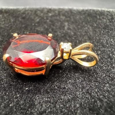 10K Yellow Gold Pendant | Oval Red Gemstone with Accent Stone | 2.07g Total Weight