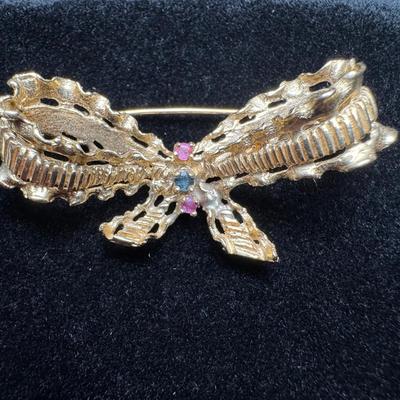 14K Yellow Gold Bow Brooch with Colored Gemstone Accents | 7g Total Weight 