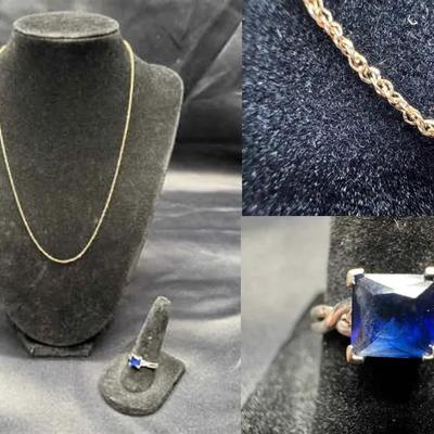 10K Gold Stamped Chain Necklace & Blue Stone Ring | 2.87g Total Weight