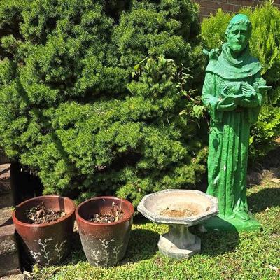 Garden Bird Bath, 2 Flower Pots, St Francis Statue