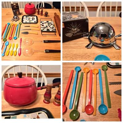 Retro MCM Kitchen Goods: Dishes, Ad Spoons, Fondue Pot