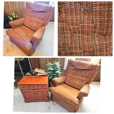 Vintage Orange Plaid Recliner Chair & End Table 