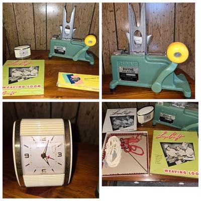 Rhyne Floral Pick Machine, Vintage Pinking Shears, Loom, Alarm Clock