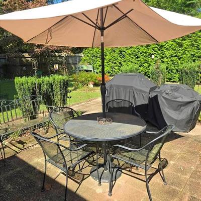 Wrought Metal Patio Table w 4 Chairs, Umbrella & Stand