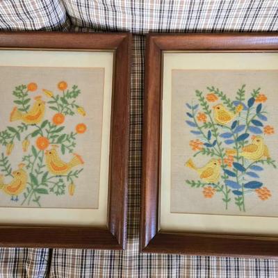 Vintage Crewel Embroidery Framed Pair Yellow Birds