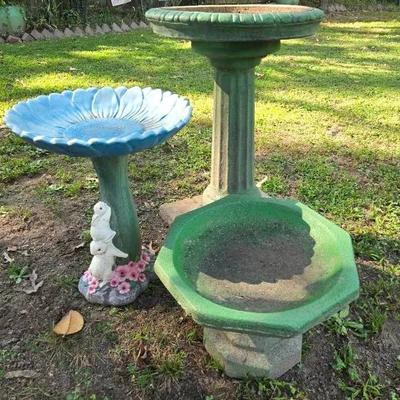 3 Bird Baths: 2 Cement, 1 Composite W Rabbits