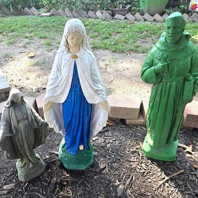 3 Cement Garden Statues; Mary, St Francis Of Assisi 