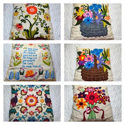 6 Linen Embroidered Krewl Throw Pillows