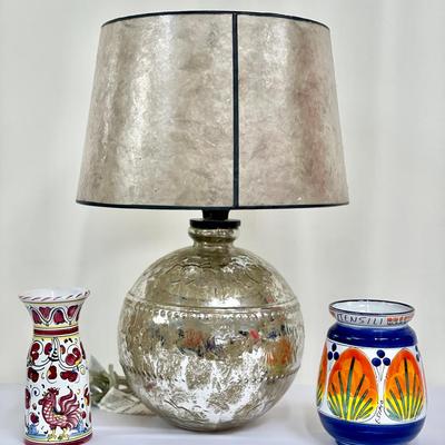Mercury Glass Lamp With Shade And Ceramic Pottery Kitchen Vases Made in Italy 