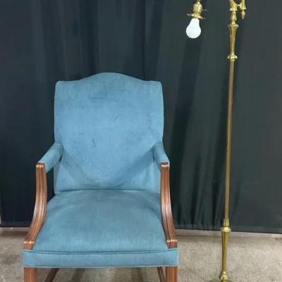 Antique Brass Floor Lamp W/ Blue Accent Chair