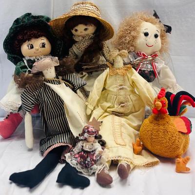 Vintage Rag Doll Collection with Scarecrow and Porcelain Doll