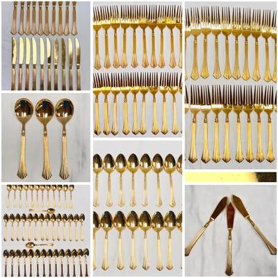 Rogers Stanley Roberts Korea Pavilion Gold Electroplate Flatware, 134 pieces 