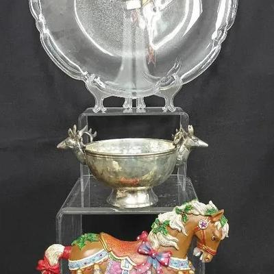 Holiday Décor Collection – Mikasa Glass Platter, Timeless Treasures Silverplate Bowl & Rocking Horse