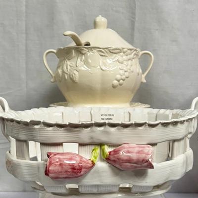 NIB Fine Ceramic Soup Tureen & Glazed Clay Weaved Easter Basket! 