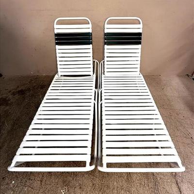 Pair of Vintage White Strap Metal Chaise Lounge Chairs