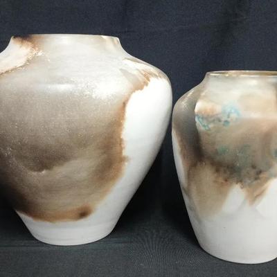 Pair Of Signed Ernest Munnes II Southwestern Brown/Blue Accent Vases