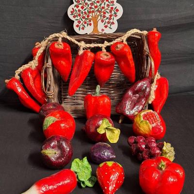 Vintage Hand Crafted Mexican Papier-Mache Fruits And Veggies In Wicker Basket