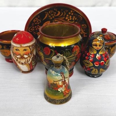 Russian Hand-Painted Wooden Collectible Lot – Nesting Doll, Santa Figurine & Bell