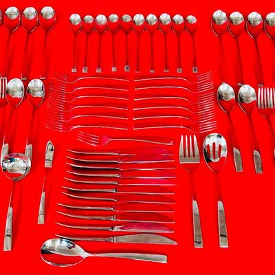59-pc Sleek MCM Style Ginkgo 18/10 Stainless Flatware Set