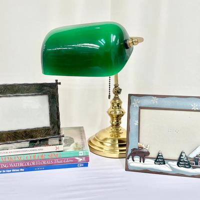 Brass Bankers Lamp, Frames And Watercolor Books 
