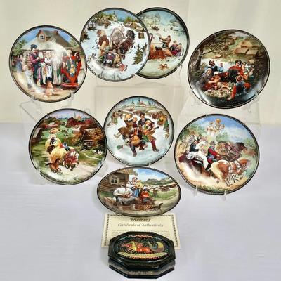 (8) Russian Porcelain Collector’s Plates And Antique Russian Palekh Lacquer Box