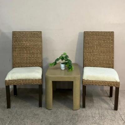 Rattan Upholstered Chairs W/ Textured Side Table 